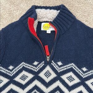 Boden Blue and White Zip Up Sweater with Nordic Pattern